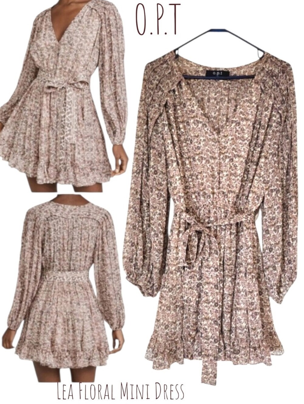 O.P.T. Lea Floral Mini Dress Women's long sleeve V-neck Tie Belt Dainty ruffle M